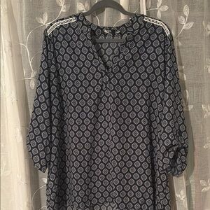 Blue Boxy Blouse with Mandarin Collar and 3/4 Sleeves